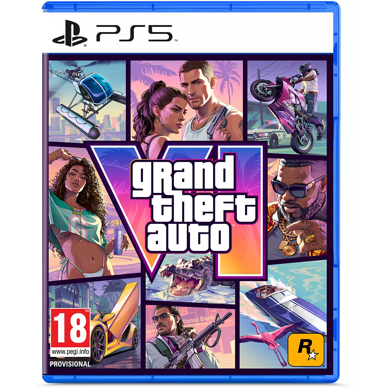 Boîte de GTA VI sur PS5 avec une jaquette illustrée de personnages, de véhicules et du logo Grand Theft Auto VI