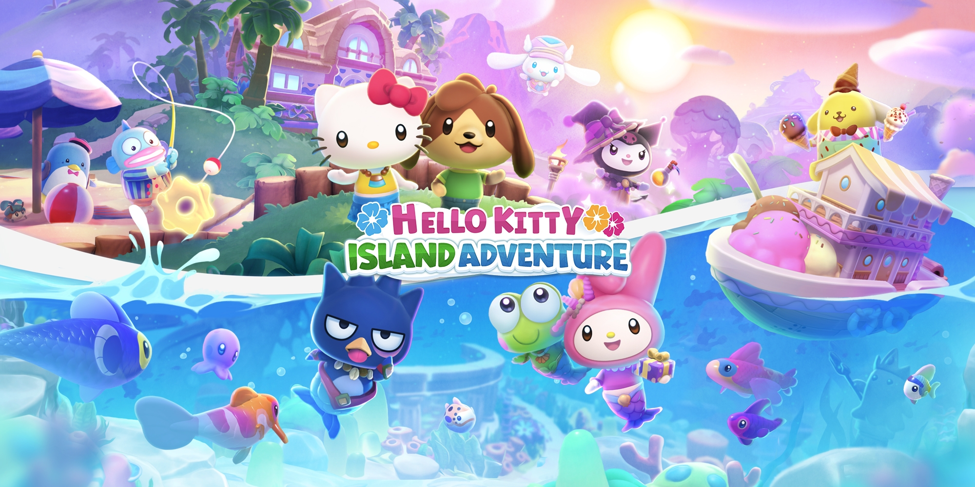 Hello Kitty et les personnages de Sanrio sur une île tropicale et sous l’eau dans Hello Kitty Island Adventure