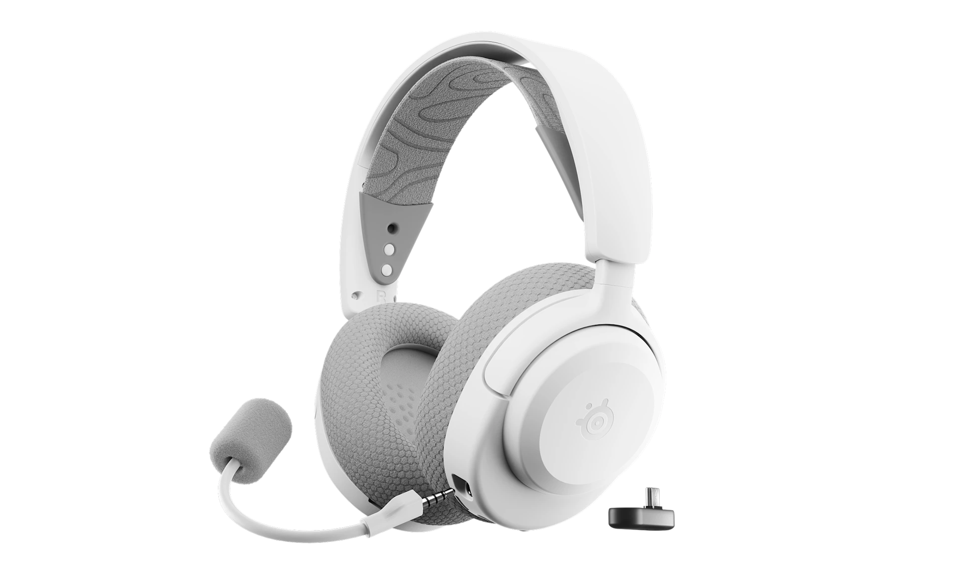 Casque SteelSeries Arctis Nova 3 Wireless blanc avec coussinets gris, microphone détaché et adaptateur USB-C.