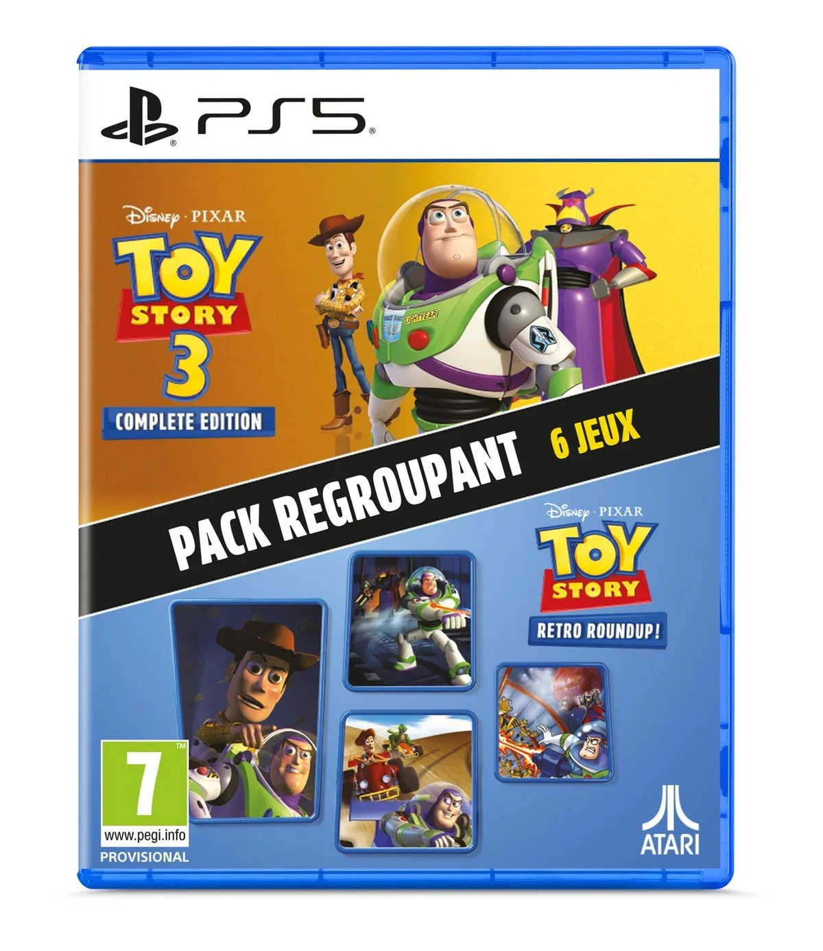 Boîtier PS5 du pack Toy Story 3 Complete Edition et Toy Story: Retro Roundup!, avec Woody, Buzz l’Éclair et Zurg.