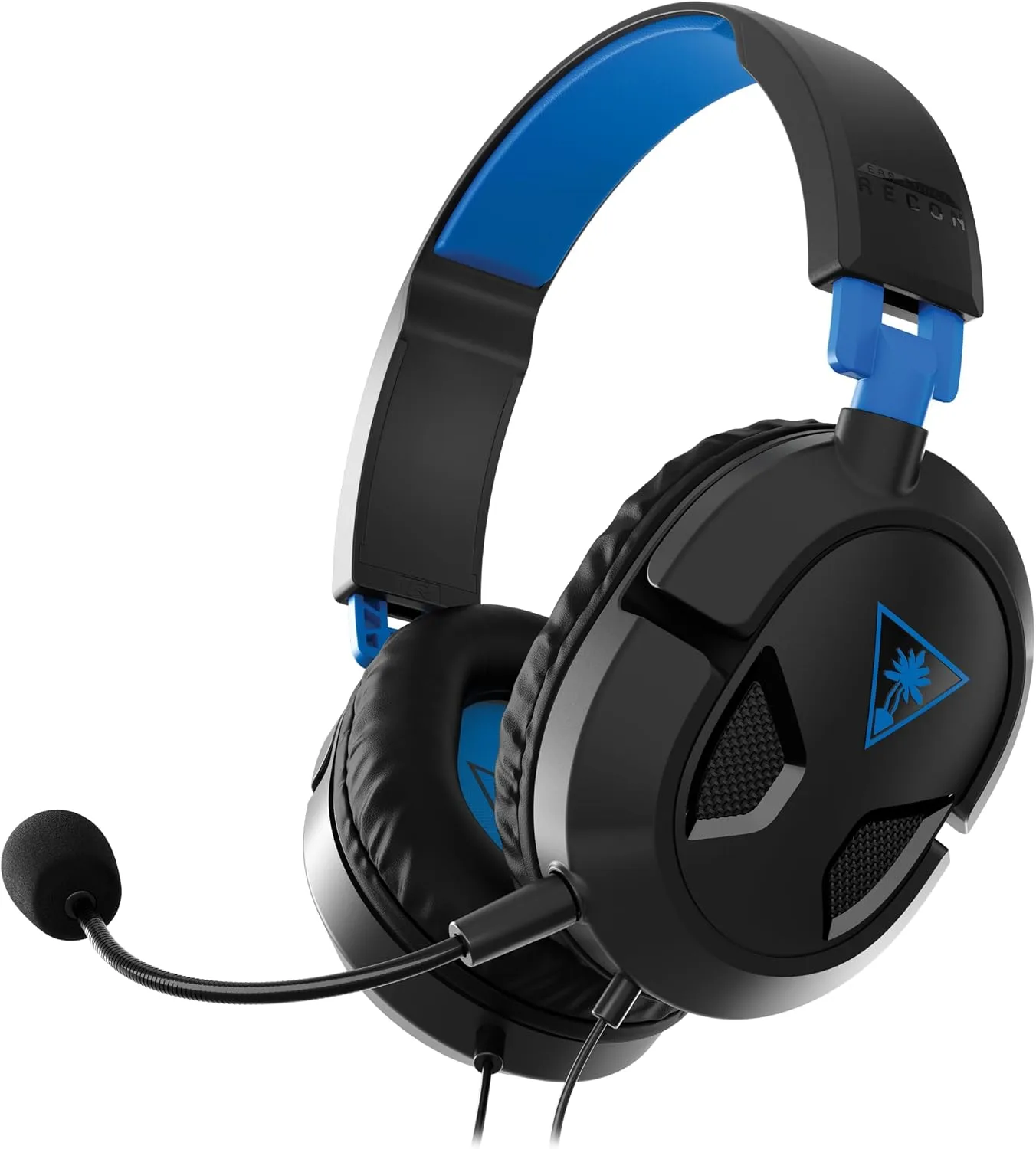 Casque Turtle Beach Recon 50P noir et bleu avec microphone sur perche, vu de trois quarts