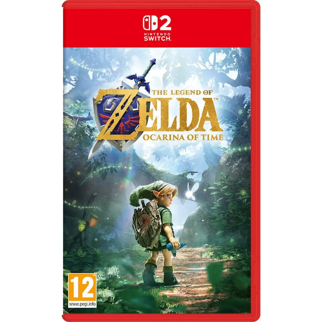 Boîtier rouge de The Legend of Zelda: Ocarina of Time pour Nintendo Switch 2, illustré de Link tenant un ocarina